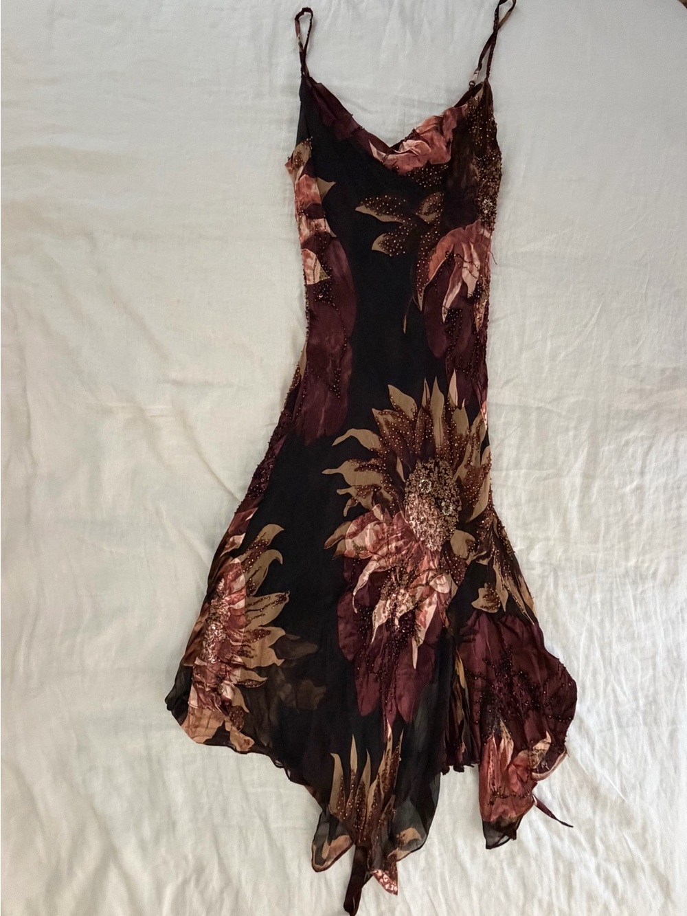 Vintage Cache Beaded Floral Silk Gothic Prom Dress XS sunflower brown & red
